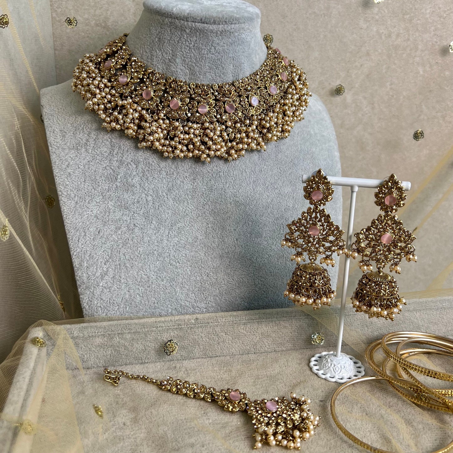 Pink Necklace Set - Jhumka Earring Earring/ Tikka/ Tikli/ Indian/ Pakistani/Fashion Jewellery/ Gift for Women