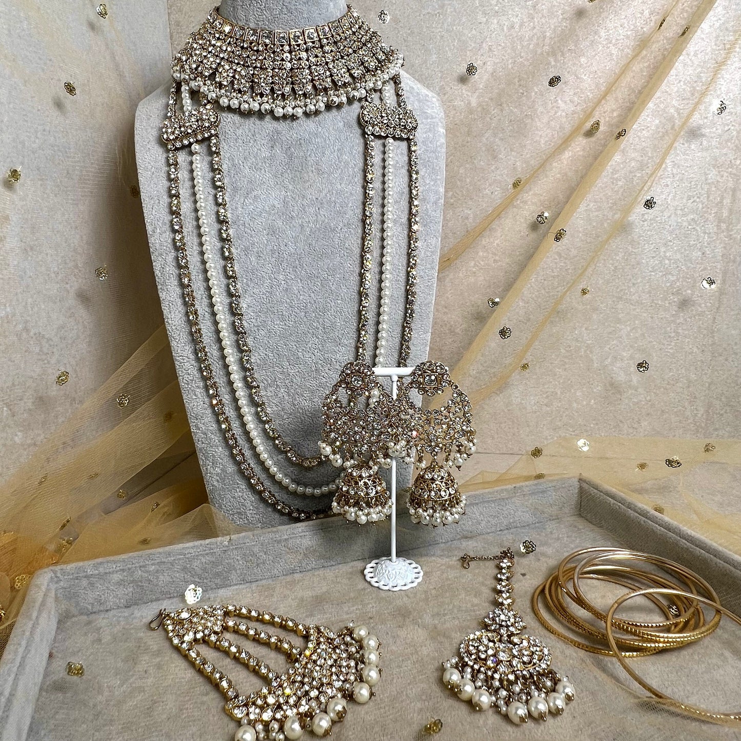 Bridal Clear Crystal Necklace set With Jhumar/Jhoomar/long necklace/ Haar/ Mala/ Earring/Wedding/Fashion