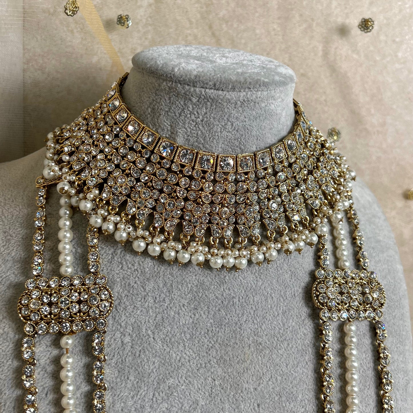Bridal Clear Crystal Necklace set With Jhumar/Jhoomar/long necklace/ Haar/ Mala/ Earring/Wedding/Fashion