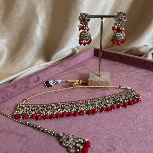 Crystal Choker Set - Red Earring/ Tikka/ Tikli/ Indian/ Pakistani/Fashion Jewellery/ Gift for Women