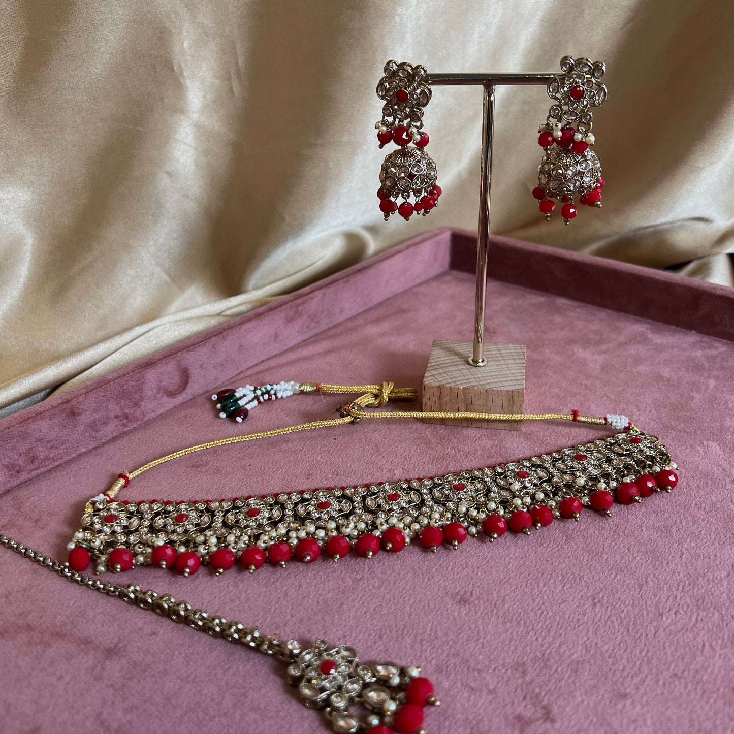 Crystal Choker Set - Red Earring/ Tikka/ Tikli/ Indian/ Pakistani/Fashion Jewellery/ Gift for Women