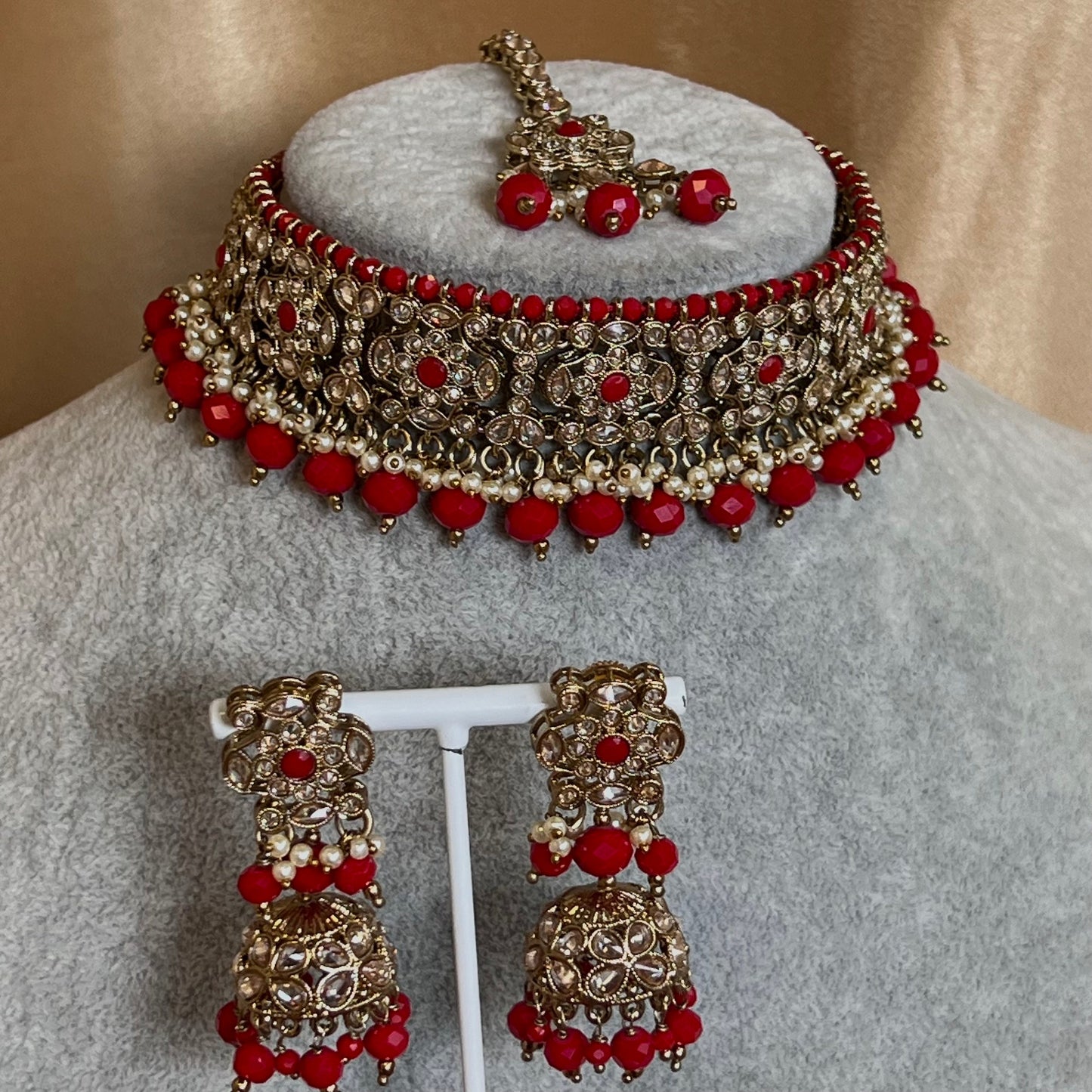 Crystal Choker Set - Red Earring/ Tikka/ Tikli/ Indian/ Pakistani/Fashion Jewellery/ Gift for Women
