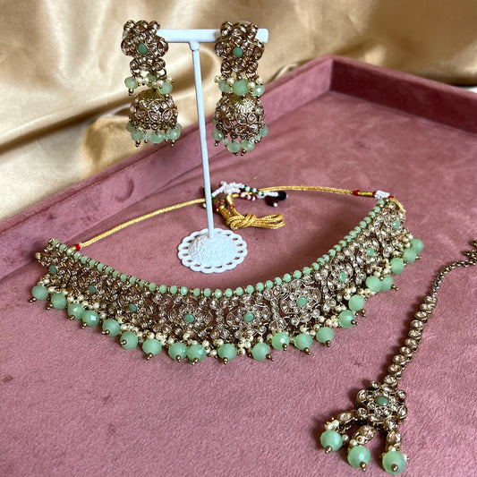 Crystal Choker Set - Mint Earring/ Tikka/ Tikli/ Indian/ Pakistani/Fashion Jewellery/ Gift for Women