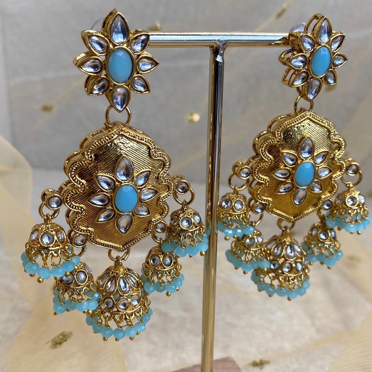 Large Gold Jhumka detail Earring - Blue/ Fashion Jewellery/ Gift for Women/Indian/Pakistani style