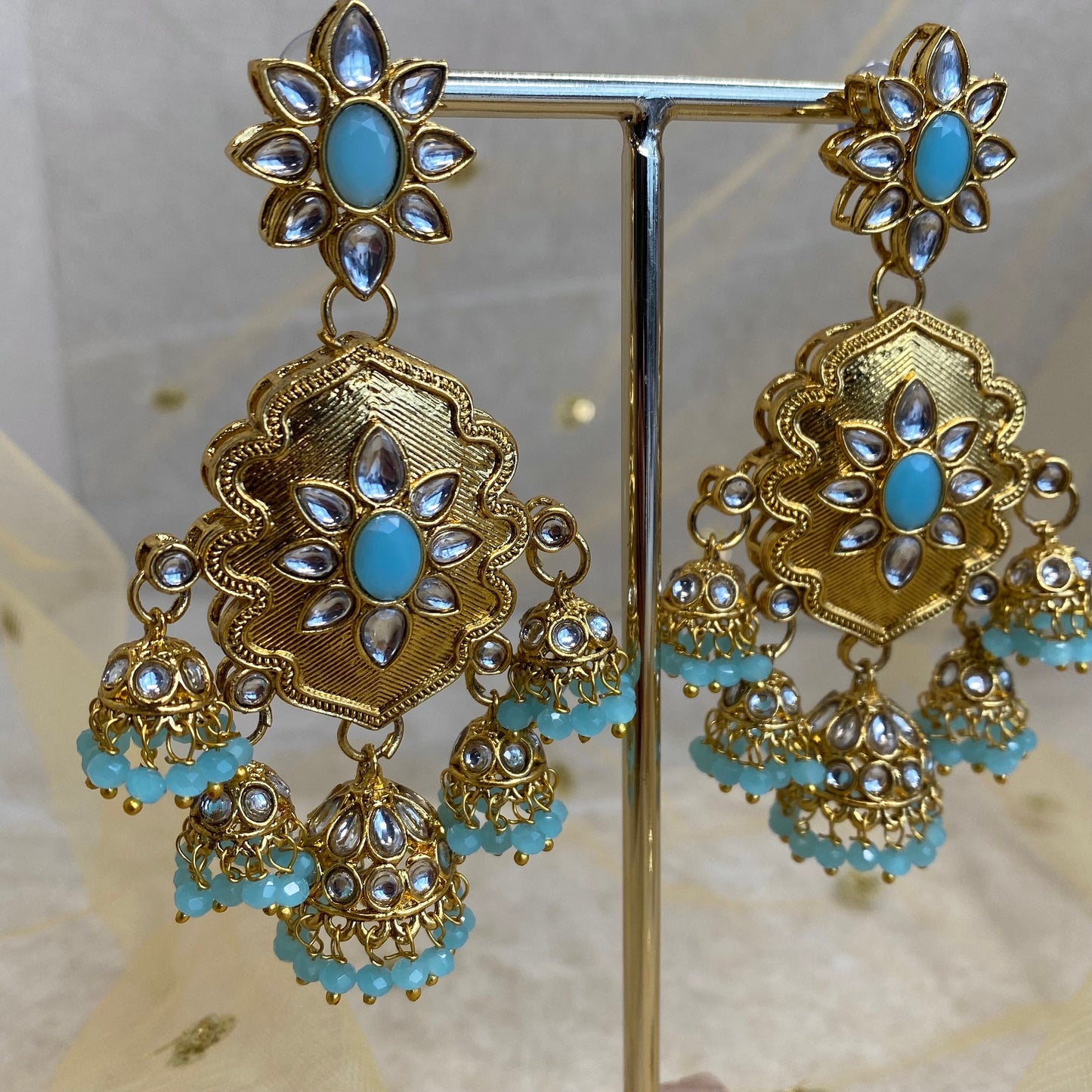 Large Gold Jhumka detail Earring - Blue/ Fashion Jewellery/ Gift for Women/Indian/Pakistani style