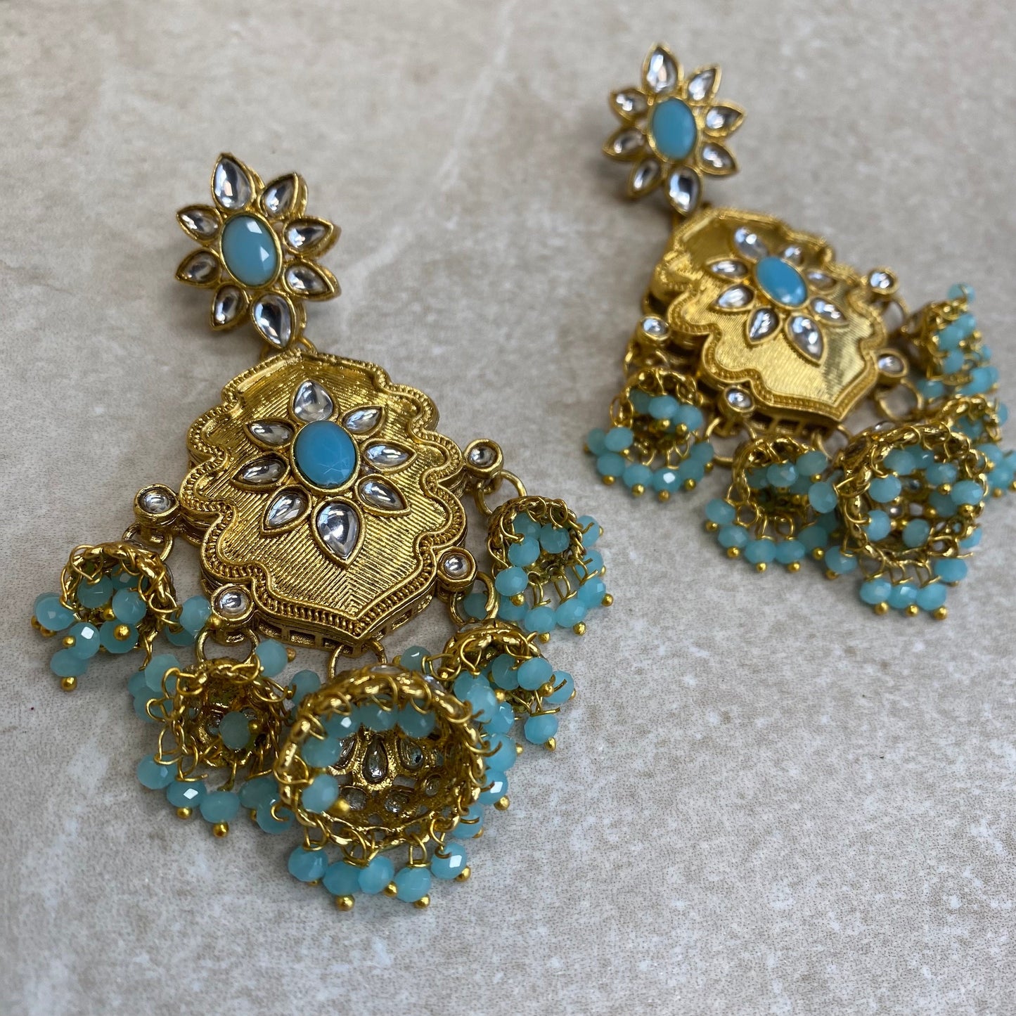 Large Gold Jhumka detail Earring - Blue/ Fashion Jewellery/ Gift for Women/Indian/Pakistani style