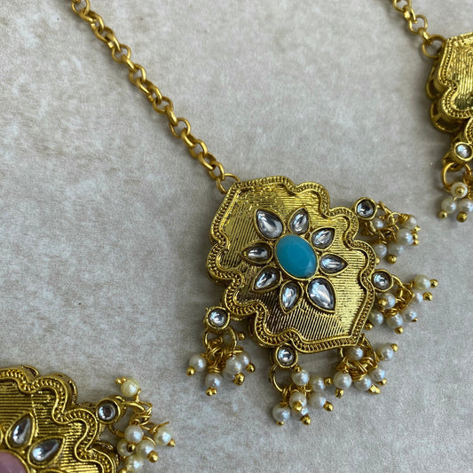 Medium Bright Gold Tikka -Blue/ Tikli/ Indian/ Pakistani Fashion Jewellery/Maang Tikkas