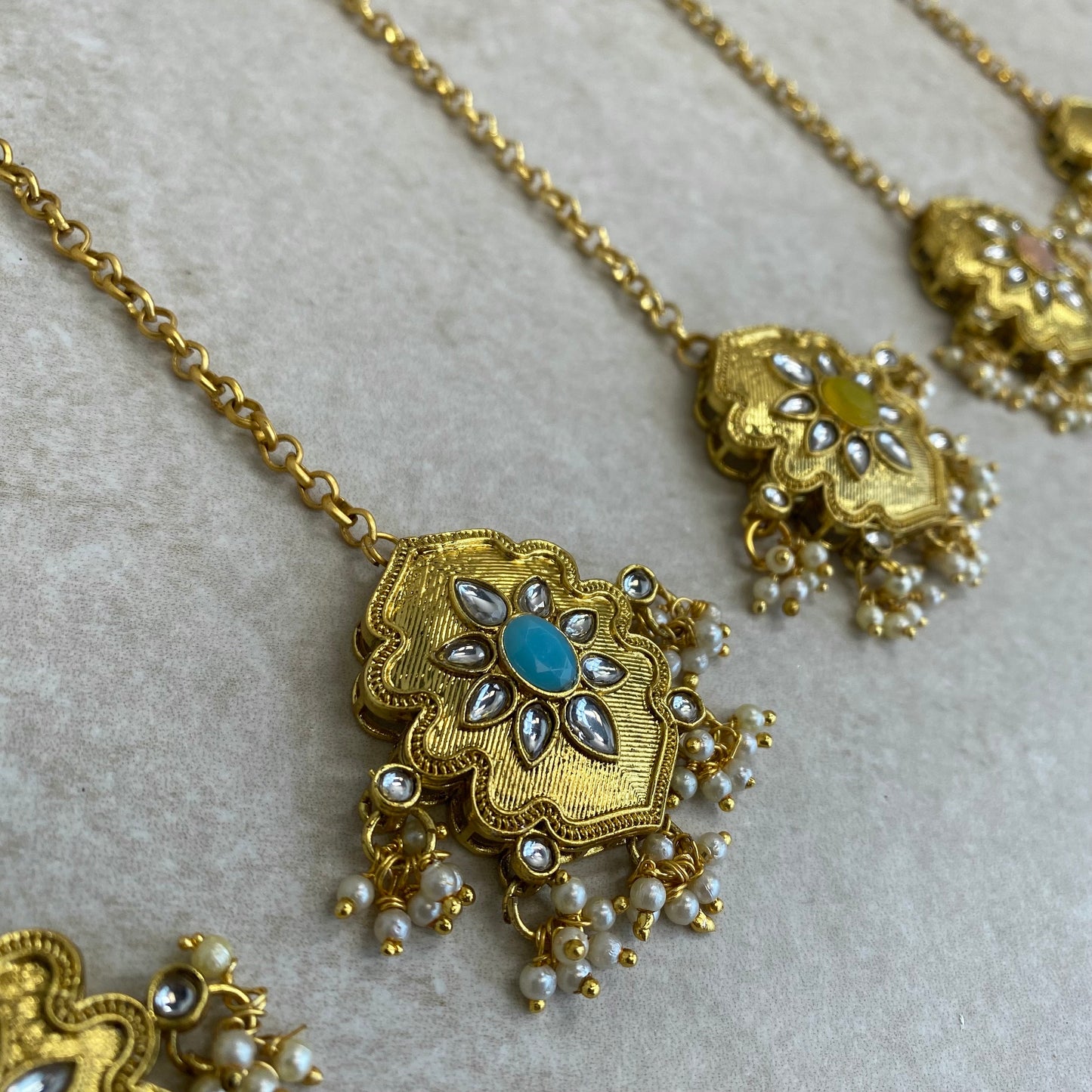 Medium Bright Gold Tikka -Blue/ Tikli/ Indian/ Pakistani Fashion Jewellery/Maang Tikkas