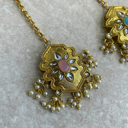 Medium Bright Gold Tikka - Pink/ Tikli/ Indian/ Pakistani Fashion Jewellery/Maang Tikkas