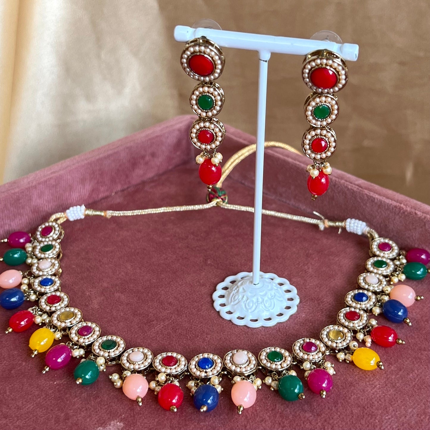 Multi colour Necklace Set (Red/Green Earring)  Indian/ Pakistani/Fashion Jewellery/ Gift for Women/Mendhi/Party