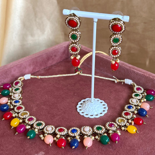 Multi colour Necklace Set (Red/Green Earring)  Indian/ Pakistani/Fashion Jewellery/ Gift for Women/Mendhi/Party
