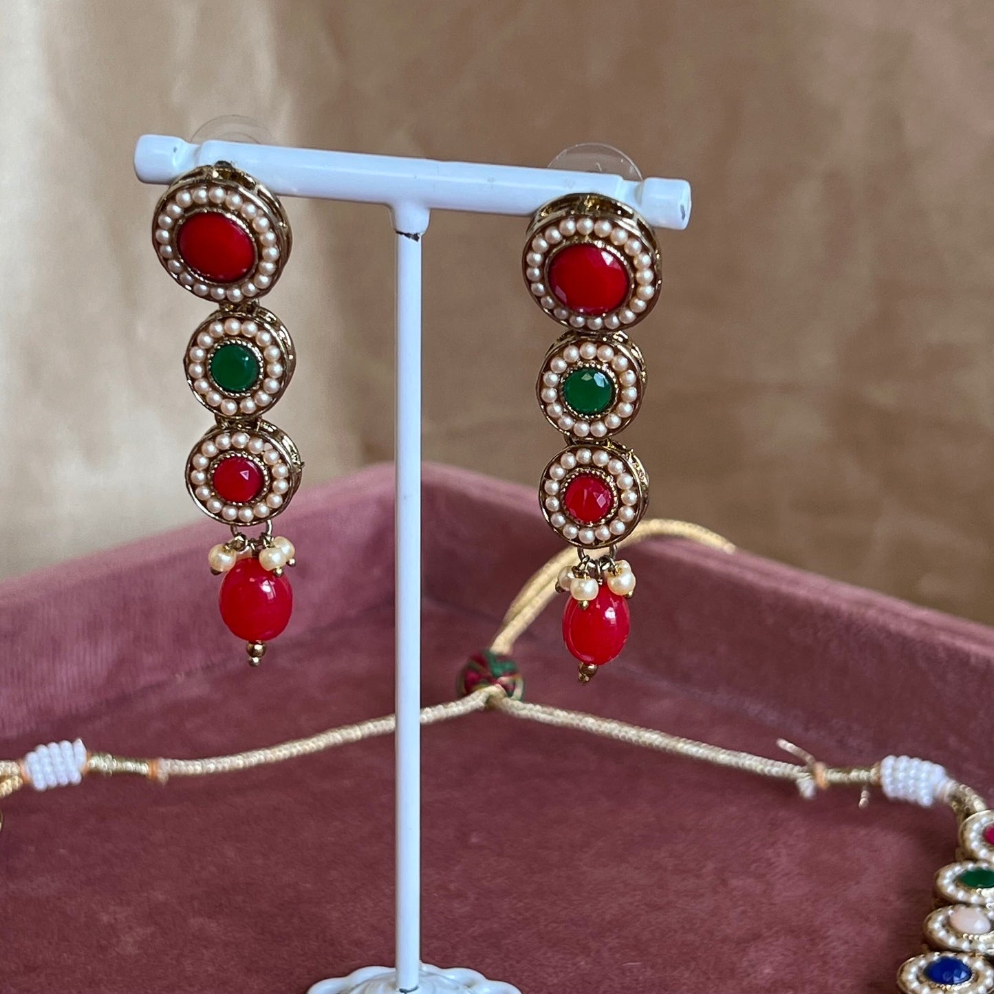 Multi colour Necklace Set (Red/Green Earring)  Indian/ Pakistani/Fashion Jewellery/ Gift for Women/Mendhi/Party