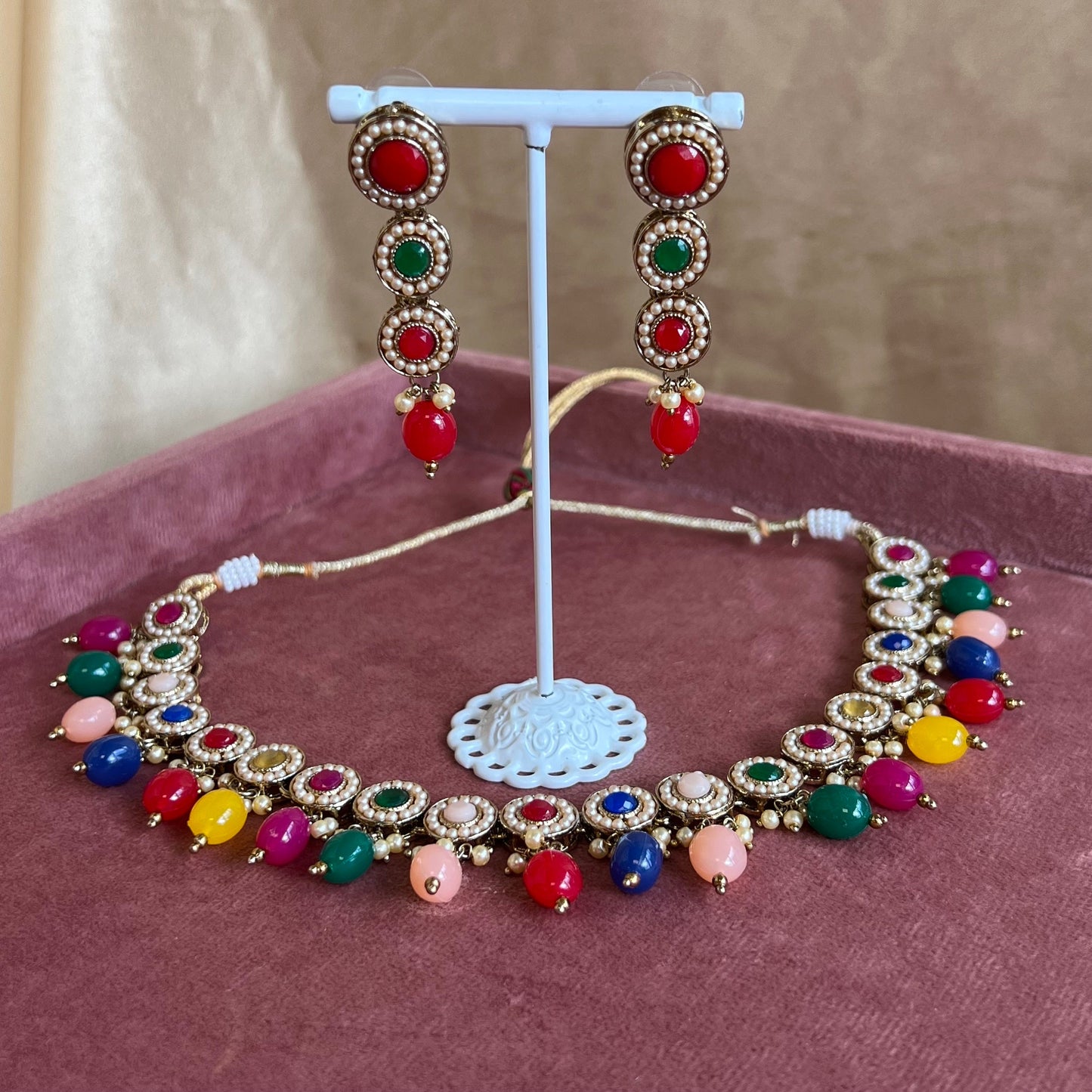 Multi colour Necklace Set (Red/Green Earring)  Indian/ Pakistani/Fashion Jewellery/ Gift for Women/Mendhi/Party