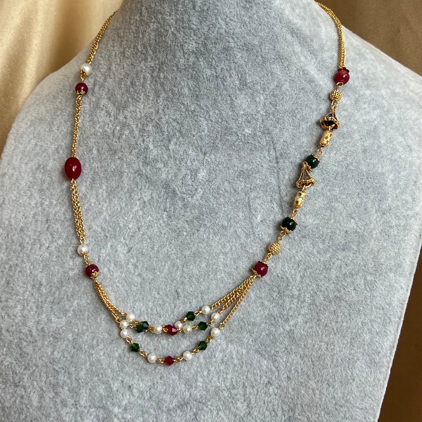 Maroon and Green Gold Thin Long Necklace Chain/ Mala/ Haar/ Unique Style/ Indian/ Pakistani/Fashion Jewellery/ Gift for Women