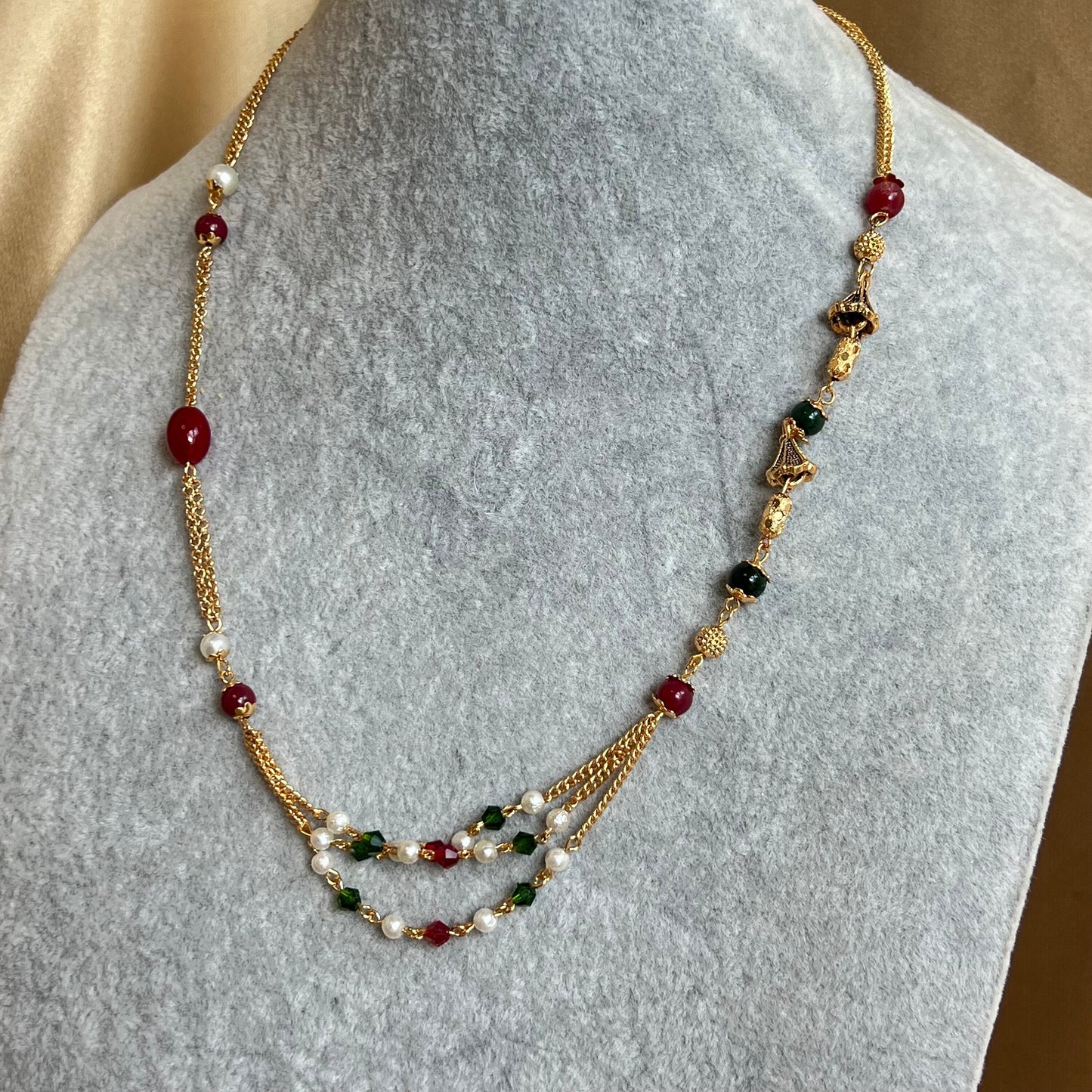 Maroon and Green Gold Thin Long Necklace Chain/ Mala/ Haar/ Unique Style/ Indian/ Pakistani/Fashion Jewellery/ Gift for Women