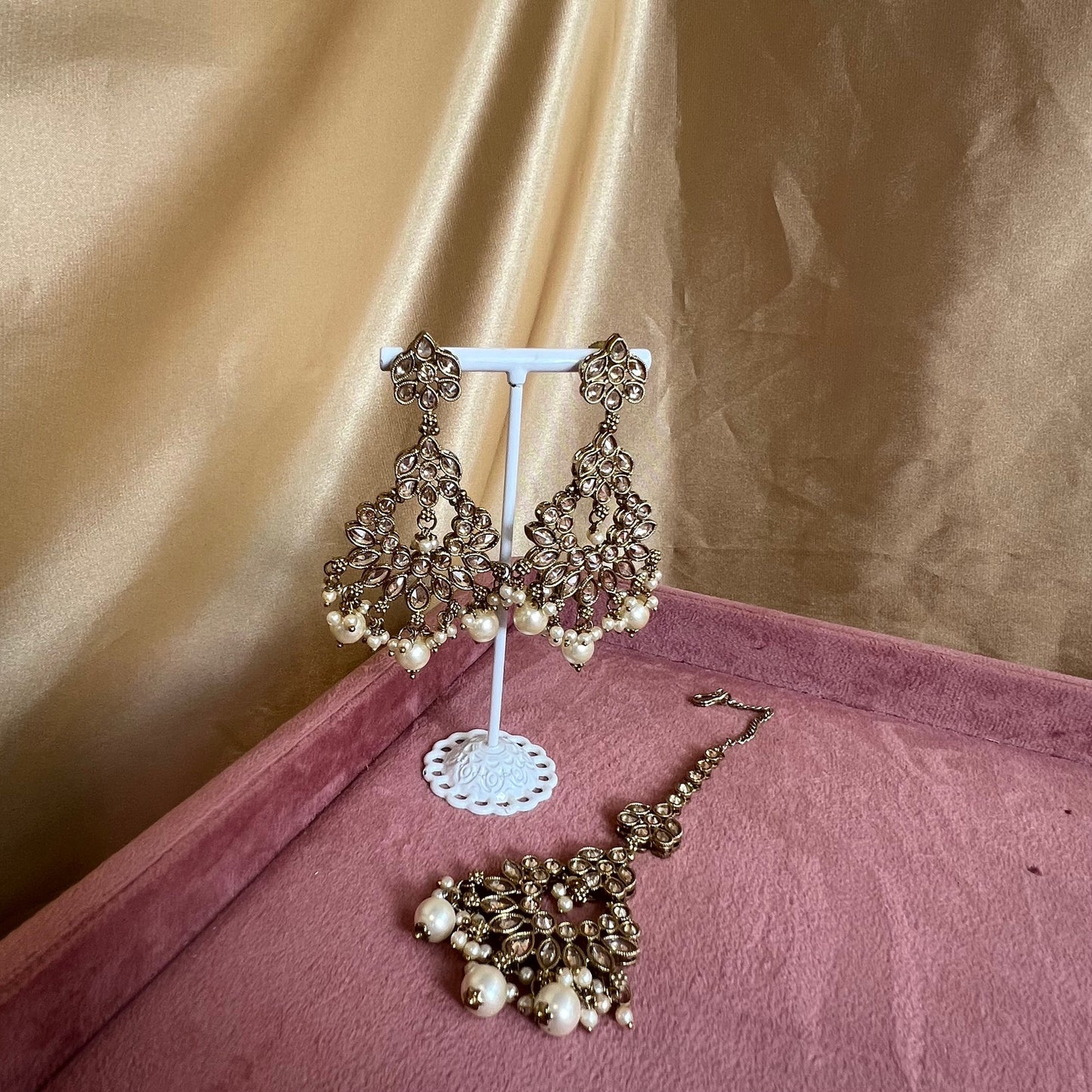 Champagne Earring and Tikka set/Flat Earring Indian/ Pakistani Style/ Tikli