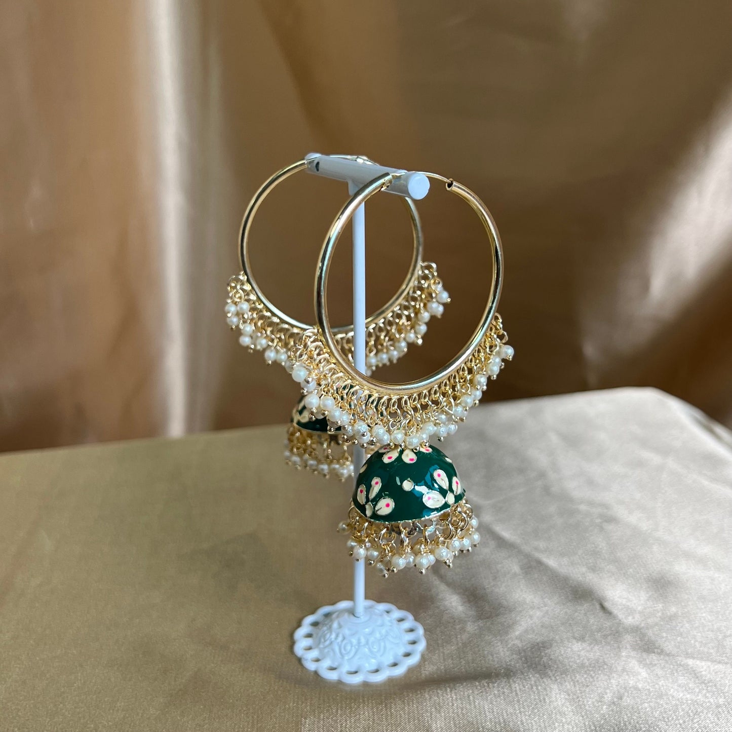 Meenakari/ Indian/ Pakistani Style/Green- Hand Painted Jhumka Hoop Earrings