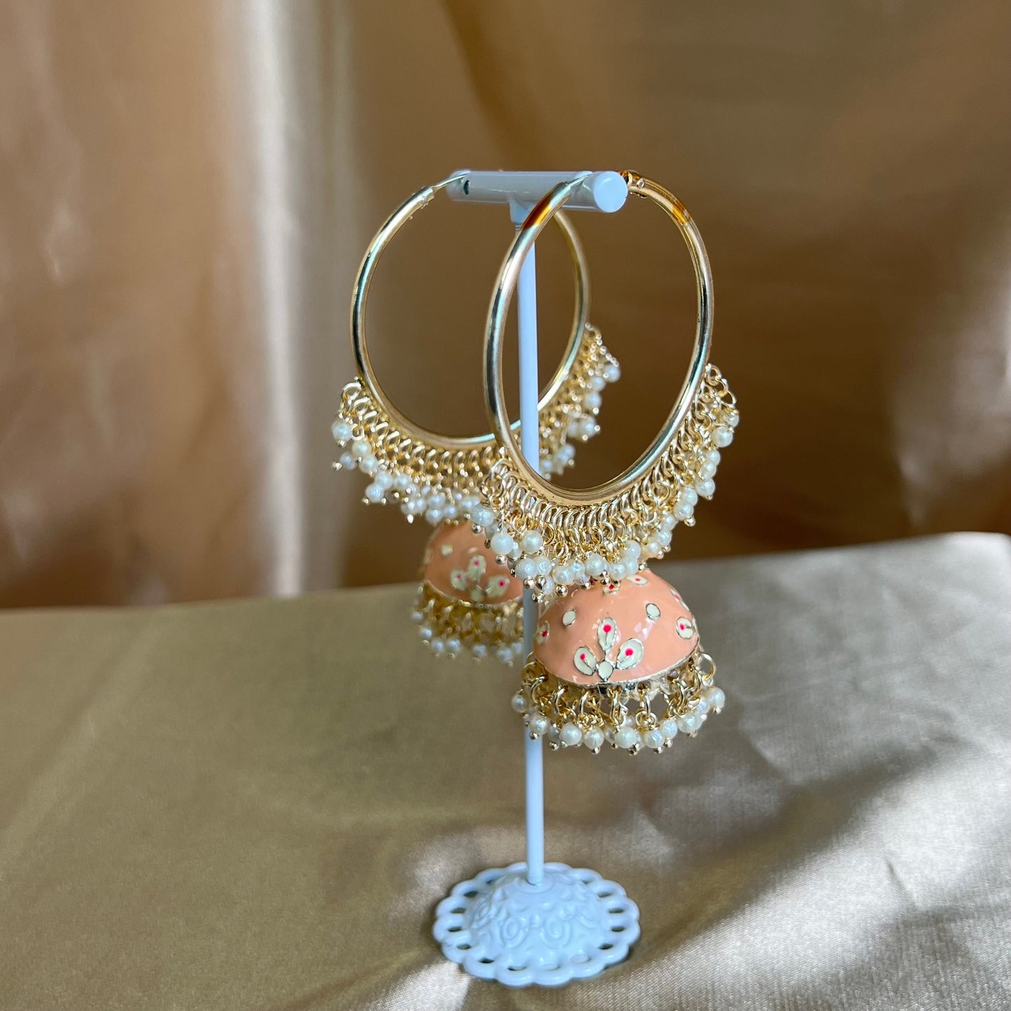 Meenakari/ Indian/ Pakistani Style/ Peach- Hand Painted Jhumka Hoop Earrings-