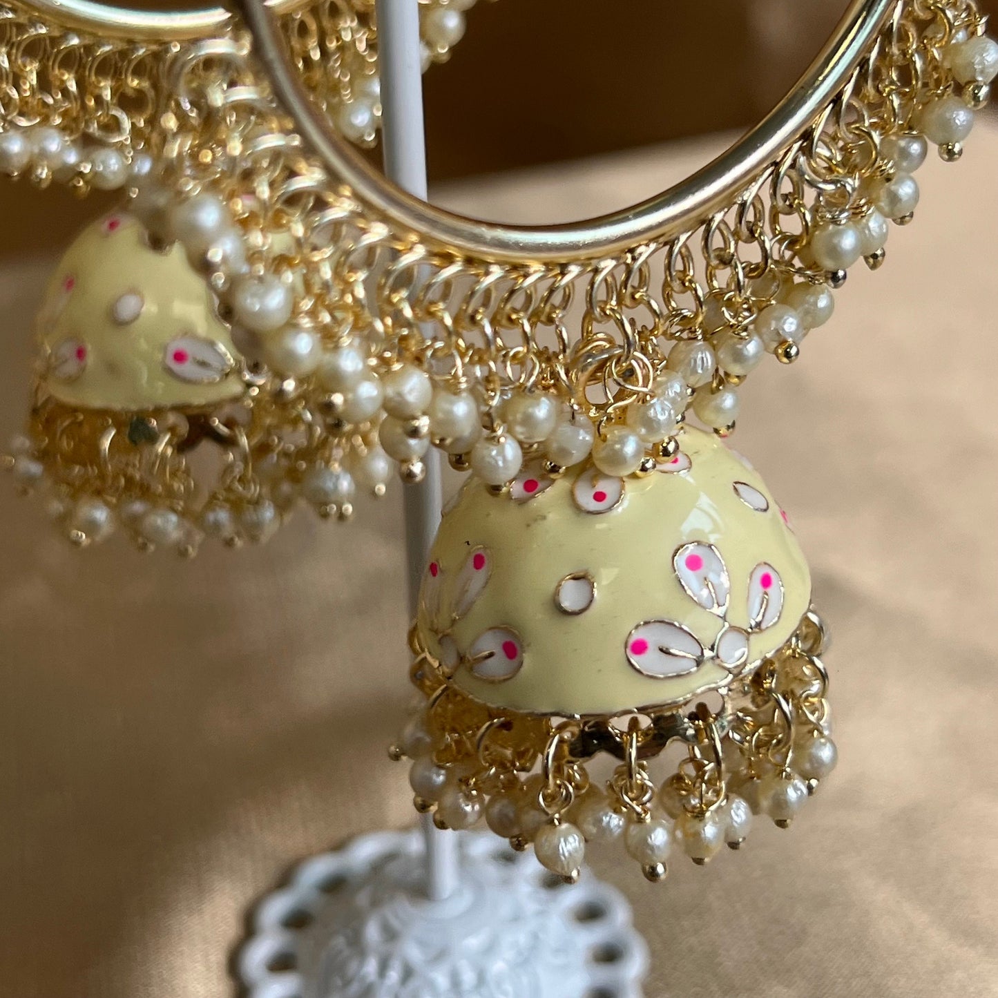 Cream - Hand Painted Jhumka Hoop Earrings/ Fashion Jewellery/ Gift for Women/Indian/Pakistani style