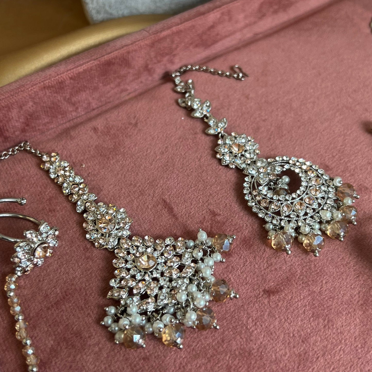 Full Bridal Set - Peach Indian/ Pakistani Style/Necklace, Choker, Earring, Tikka, Mala/ Haar/ Long necklace/ Hand harness/Wedding