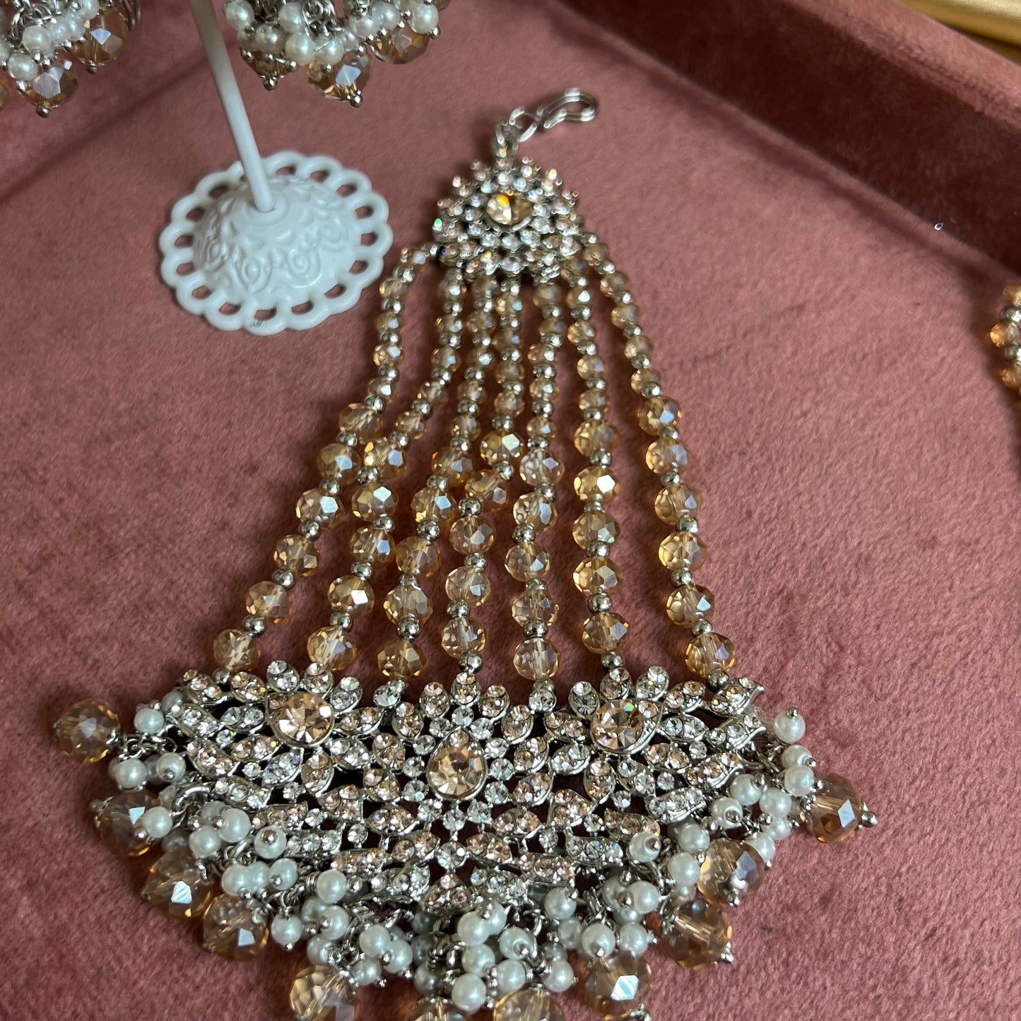 Hijab Bridal Set - Peach (Tikka, jhumar, hand harness and nose ring) Indian/ Pakistani Style