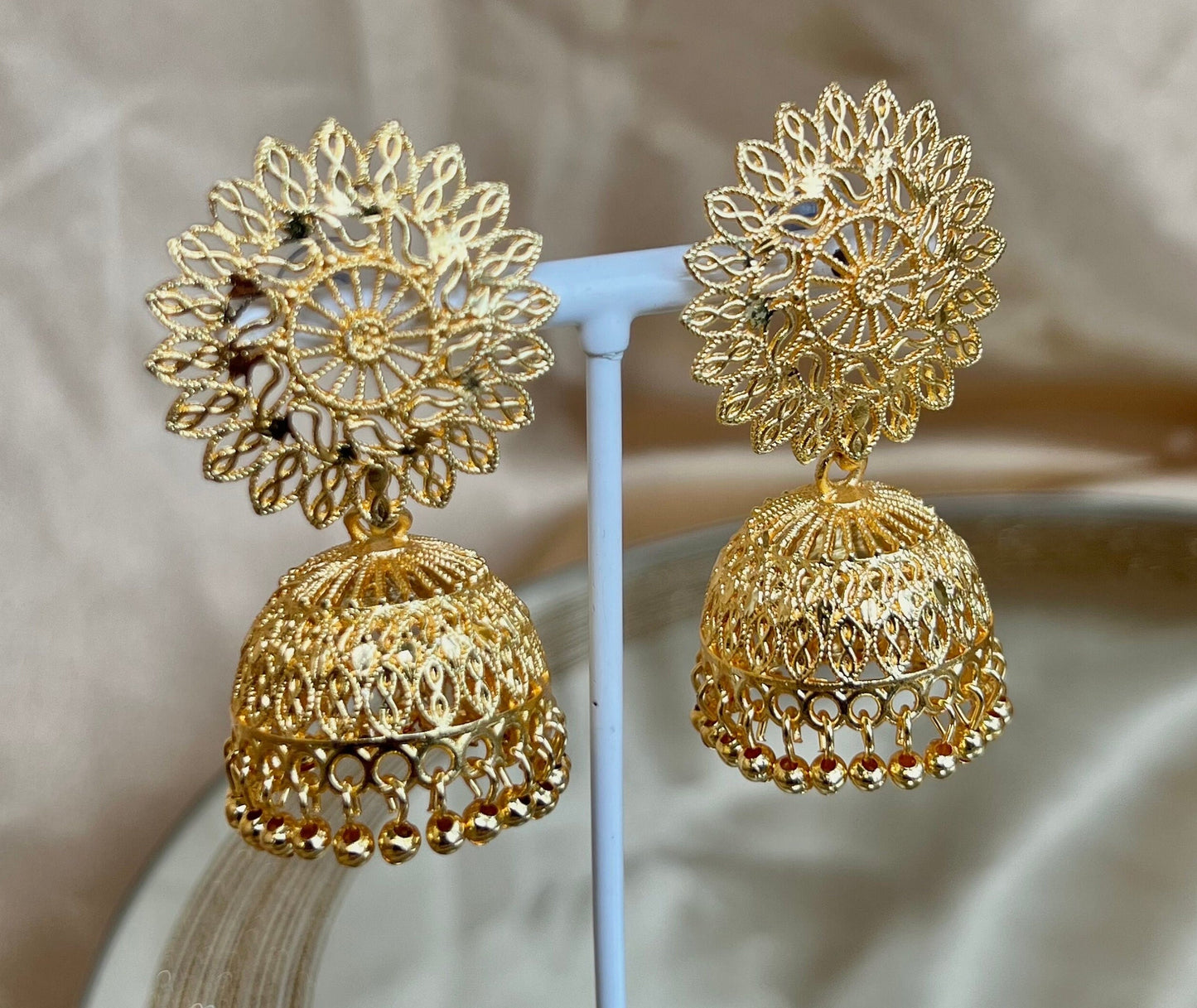 Bright Gold Flower Jhumka Earrings/ Fashion Jewellery/ Gift for Women/Indian/Pakistani style