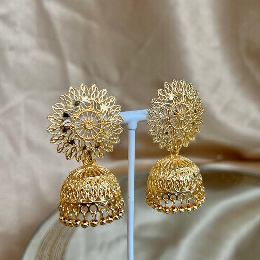 Bright Gold Flower Jhumka Earrings/ Fashion Jewellery/ Gift for Women/Indian/Pakistani style