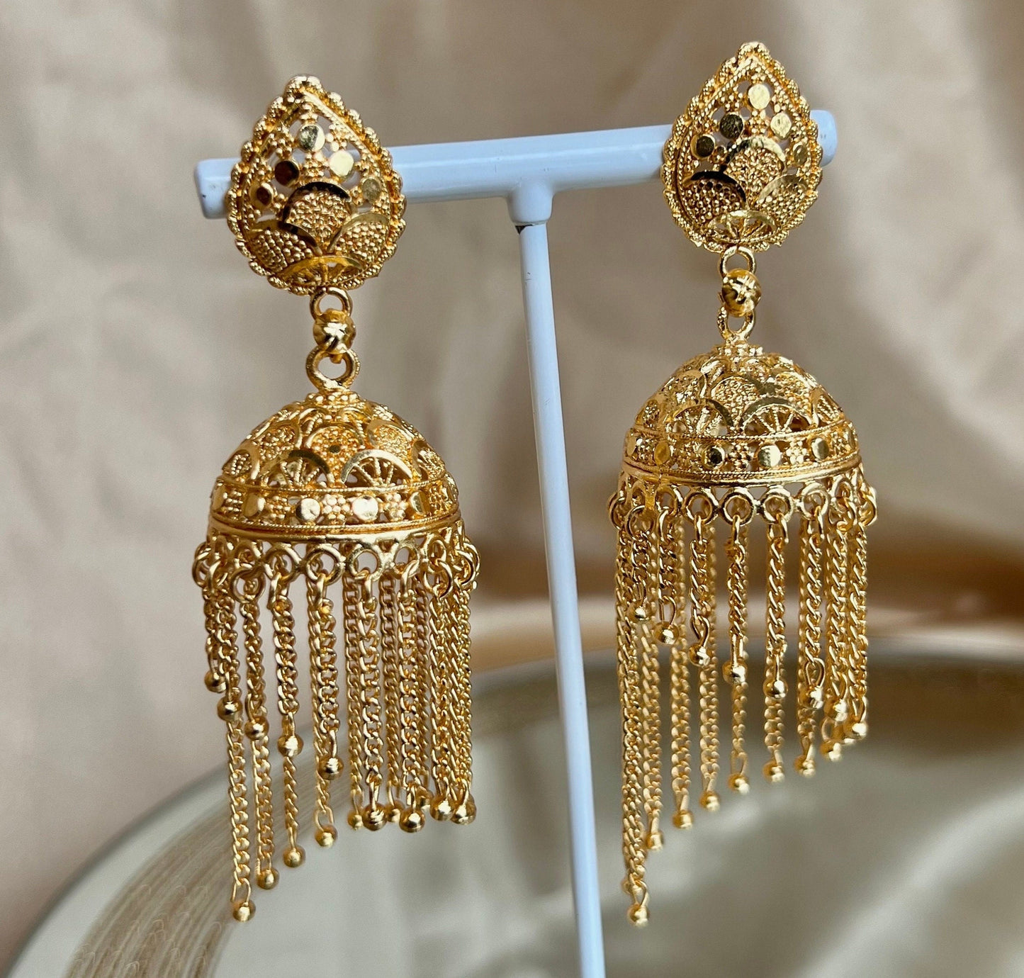 Bright Gold Tassel Jhumka Earrings/ / Indian Style Earring