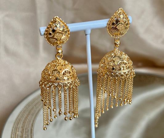 Bright Gold Tassel Jhumka Earrings/ / Indian Style Earring
