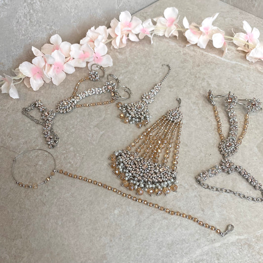 Hijab Bridal Set - Peach (Tikka, jhumar, hand harness and nose ring) Indian/ Pakistani Style