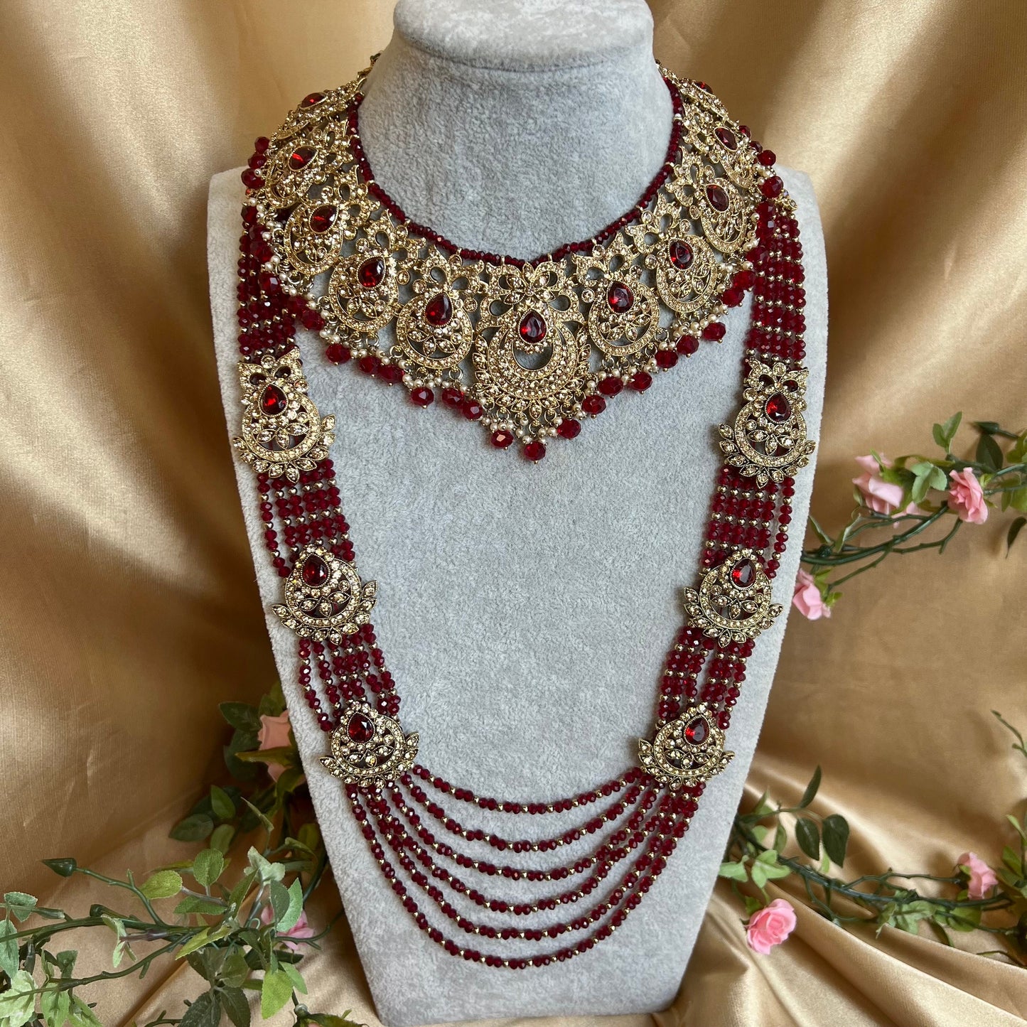 Maroon Necklace and Mala/ Indian/ Pakistani Style/Wedding/Bridal/Haar/Long Necklace/Gold
