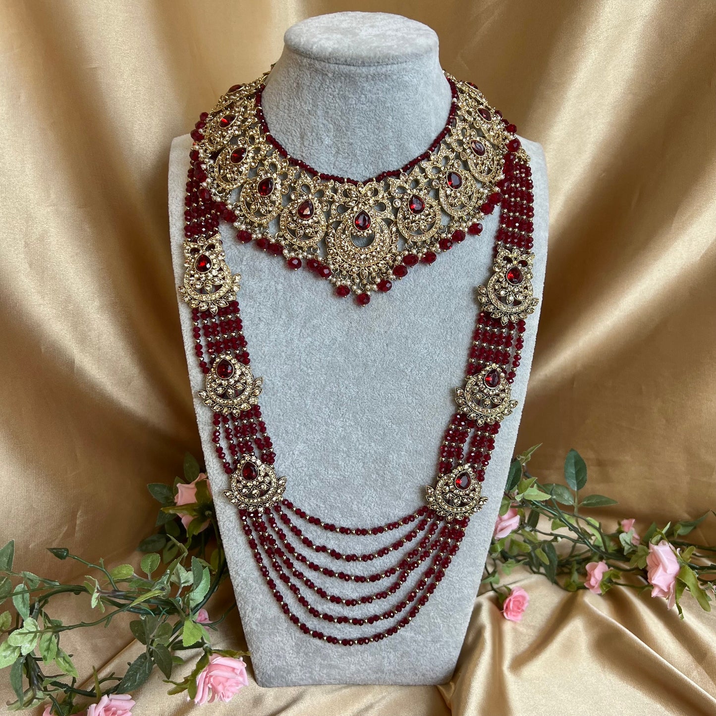 Maroon Necklace and Mala/ Indian/ Pakistani Style/Wedding/Bridal/Haar/Long Necklace/Gold