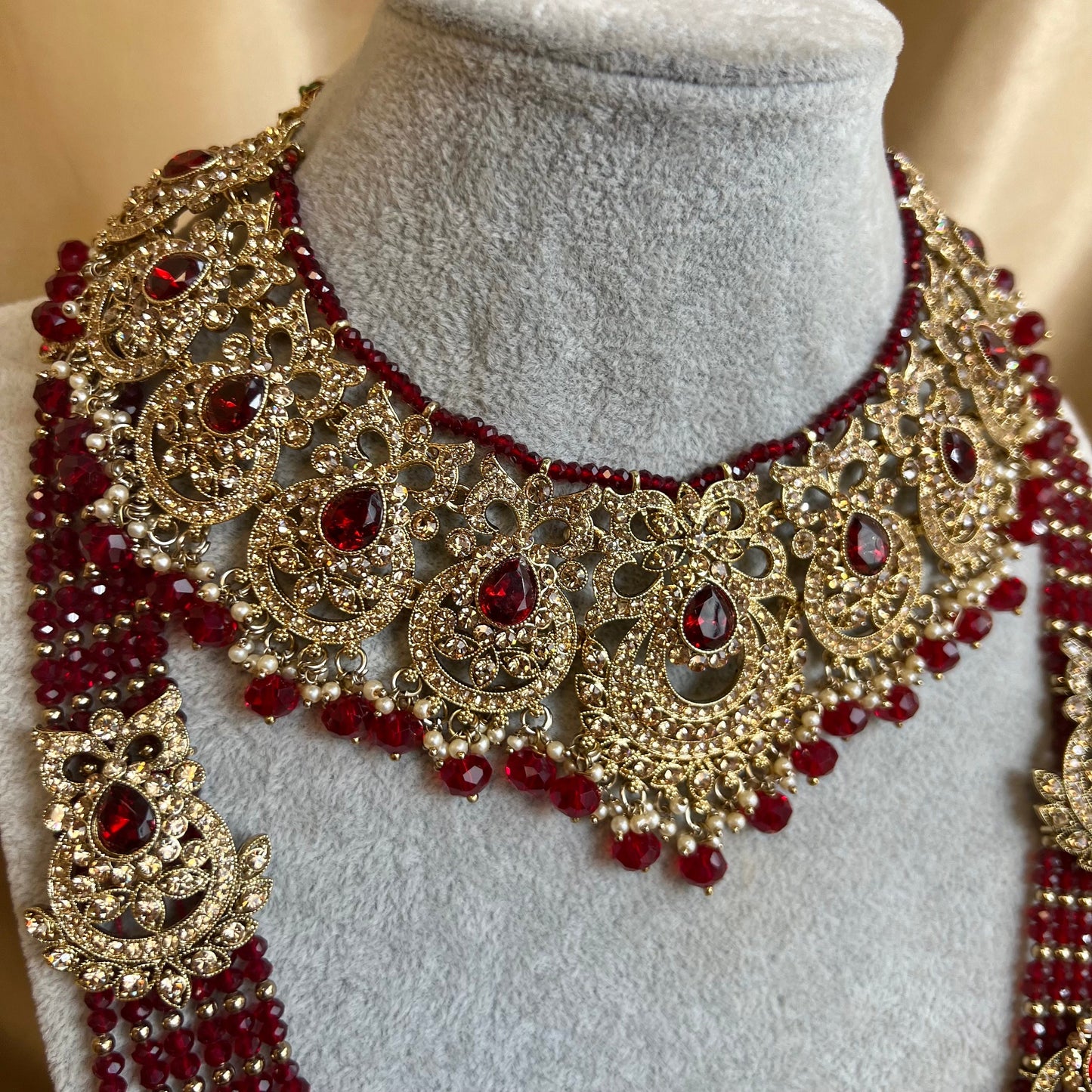 Maroon Necklace and Mala/ Indian/ Pakistani Style/Wedding/Bridal/Haar/Long Necklace/Gold