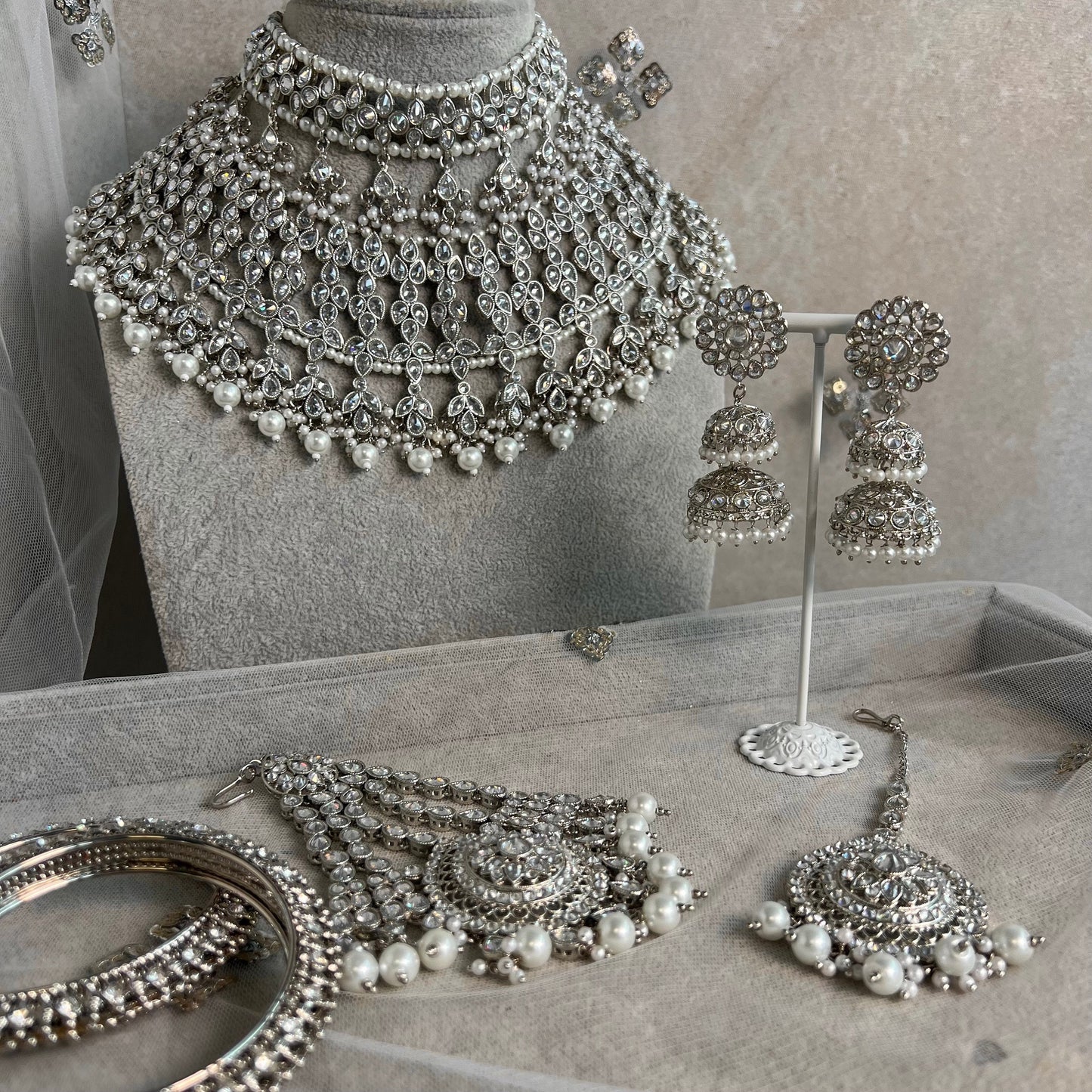 Silver Bridal Set - Pearl Indian/ Pakistani Style With Jhumka earring, Tikka/Tikli, Jhumar/jhoomar/ Wedding/ Fashion Jewellery/ Necklace set