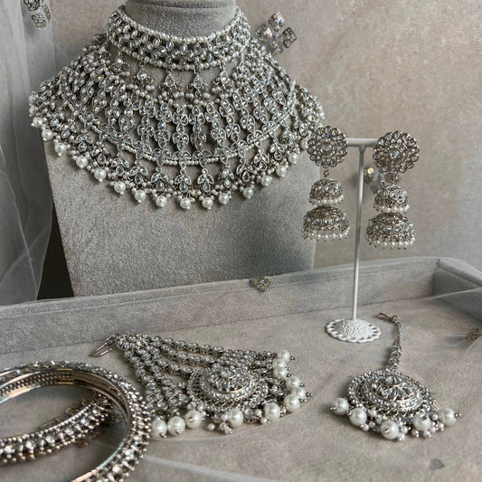 Silver Bridal Set - Pearl Indian/ Pakistani Style With Jhumka earring, Tikka/Tikli, Jhumar/jhoomar/ Wedding/ Fashion Jewellery/ Necklace set