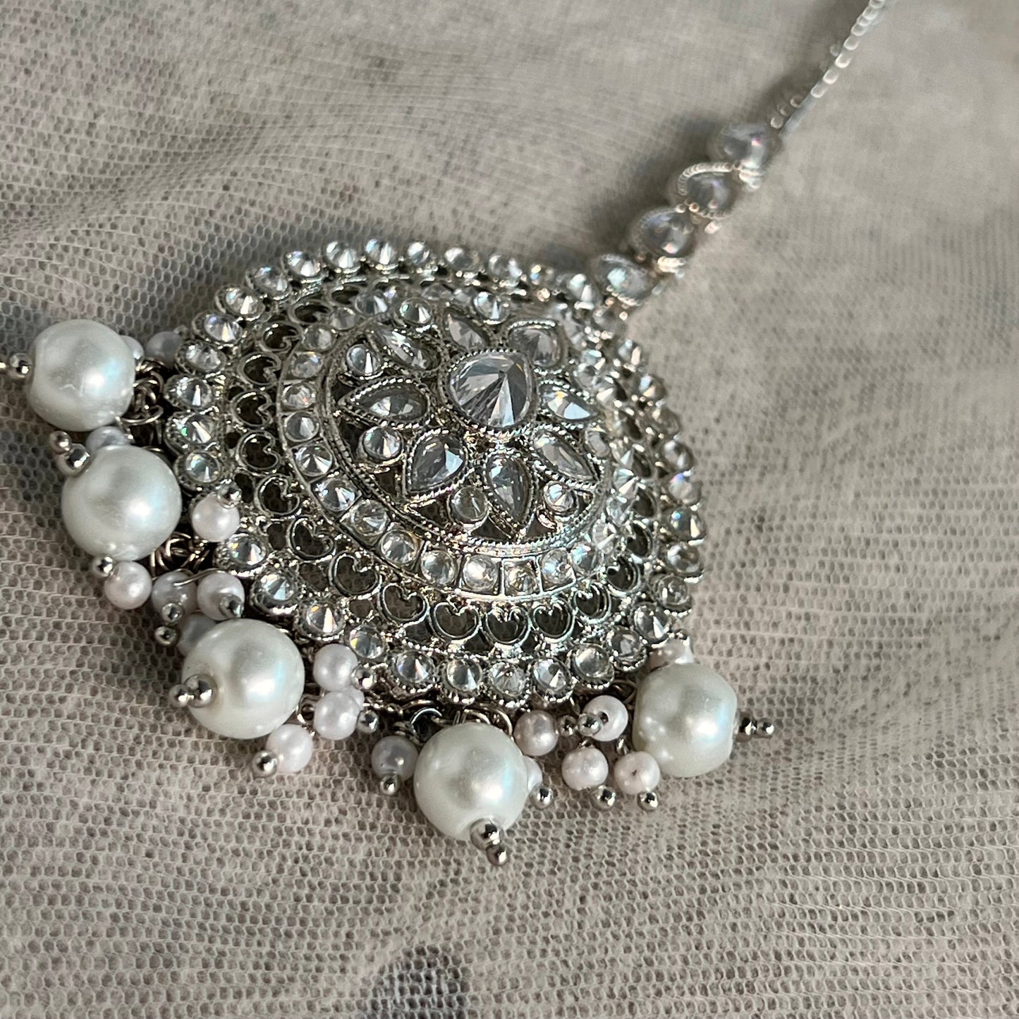 Silver Bridal Set - Pearl Indian/ Pakistani Style With Jhumka earring, Tikka/Tikli, Jhumar/jhoomar/ Wedding/ Fashion Jewellery/ Necklace set