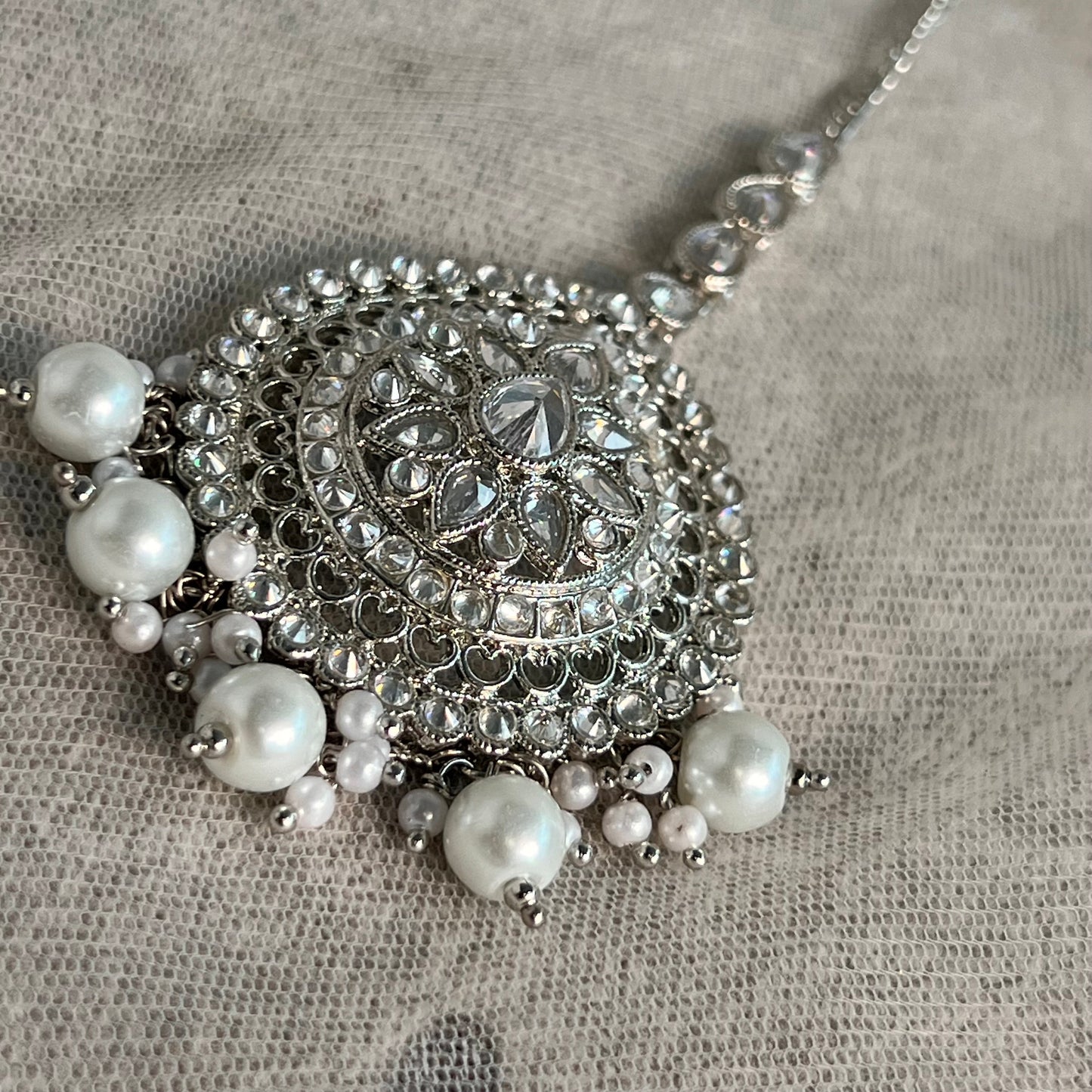 Silver Bridal Set - Pearl Indian/ Pakistani Style With Jhumka earring, Tikka/Tikli, Jhumar/jhoomar/ Wedding/ Fashion Jewellery/ Necklace set