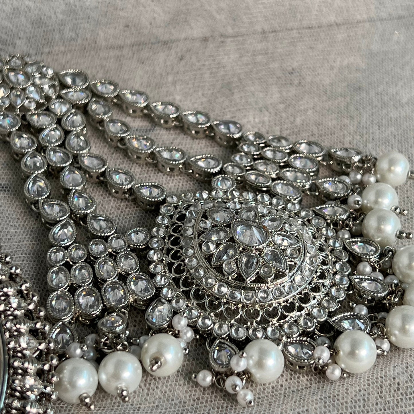 Silver Bridal Set - Pearl Indian/ Pakistani Style With Jhumka earring, Tikka/Tikli, Jhumar/jhoomar/ Wedding/ Fashion Jewellery/ Necklace set