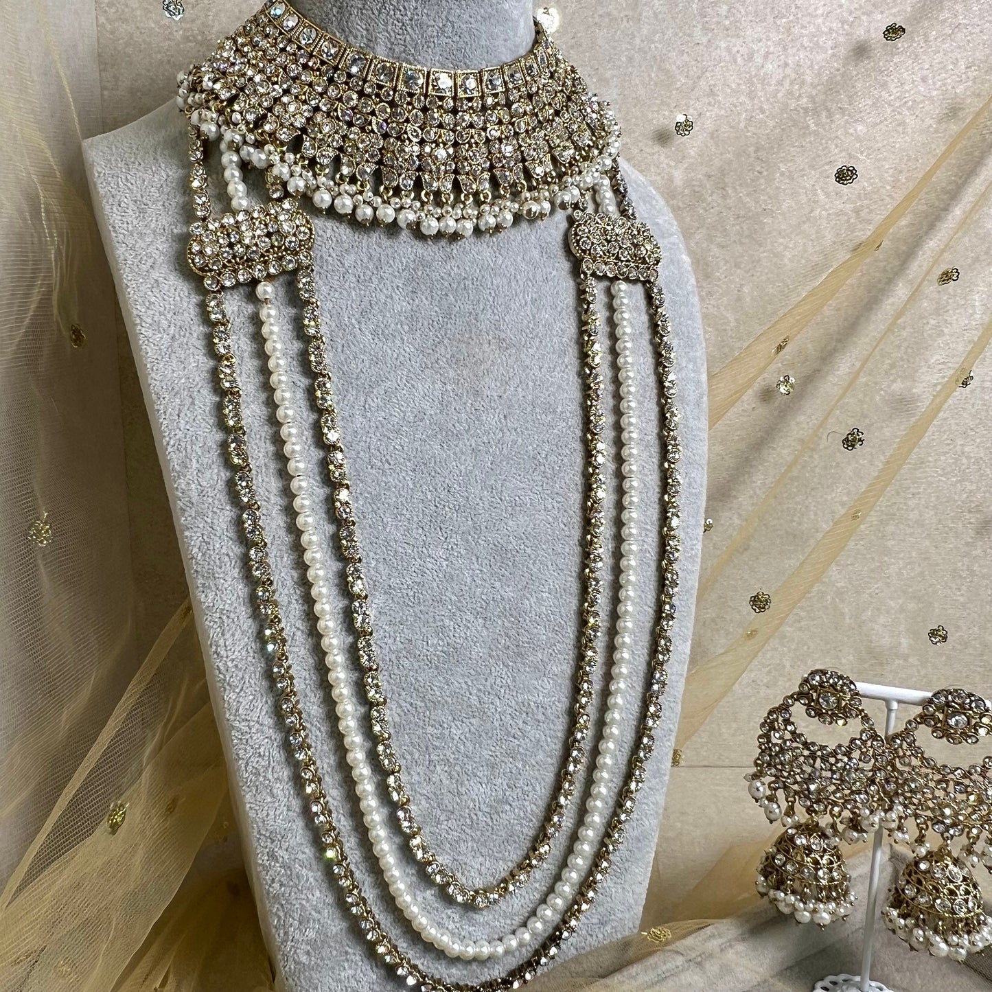 Bridal Clear Crystal Necklace set With Jhumar/Jhoomar/long necklace/ Haar/ Mala/ Earring/Wedding/Fashion