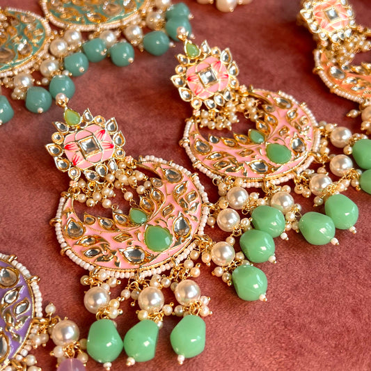 Meenakari/ Indian/ Pakistani Style/Pink/ Mint- Hand Painted Kundan Earring Large/ Fashion Jewellery/ Gift for Women