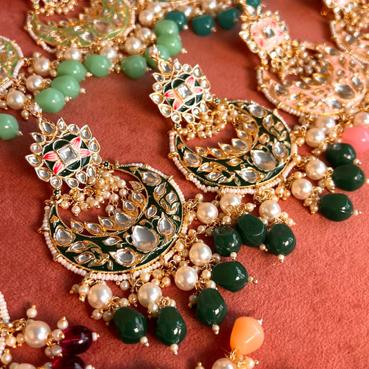 Meenakari/ Indian/ Pakistani Style/ Green- Hand Painted Kundan Earring Large/ Fashion Jewellery/ Gift for Women