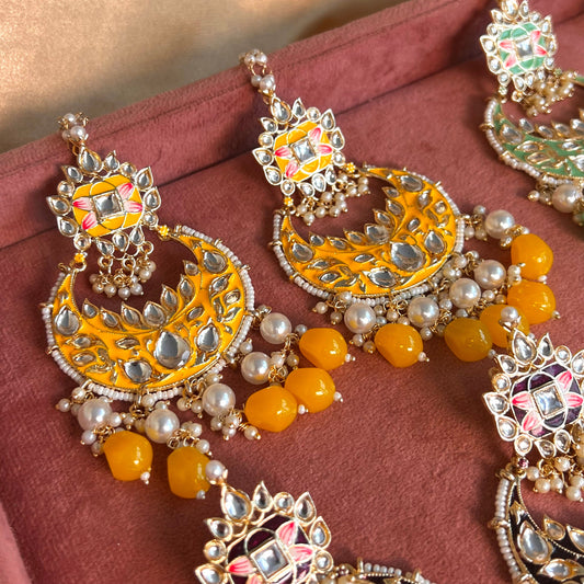 Meenakari/ Indian/ Pakistani Style/ Yellow- Hand Painted Kundan Earring Large/ Fashion Jewellery/ Gift for Women