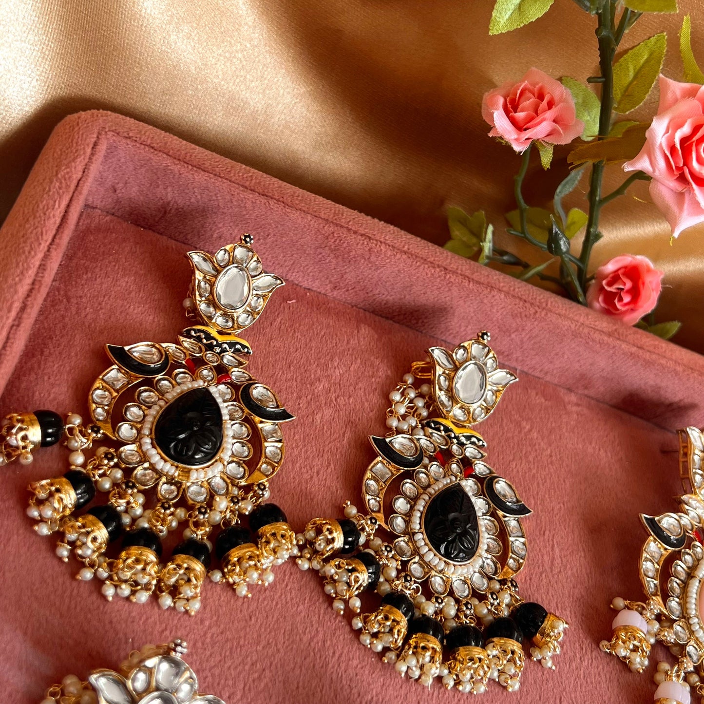 Meenakari/ Black- Faux Kundan Ear Chain Earring Indian Style Earring/ Pakistani Fashion/Party Earring. Gift for women