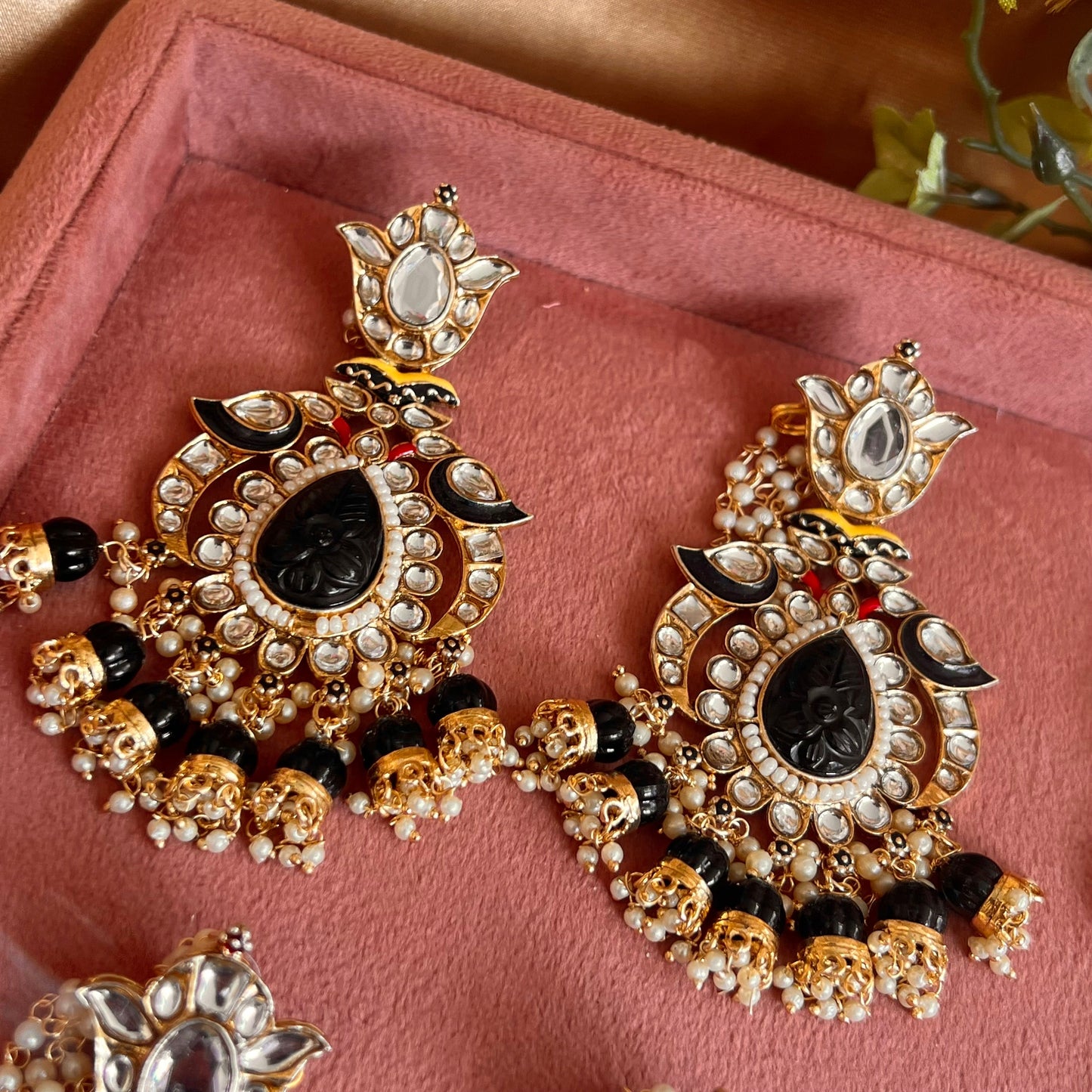 Meenakari/ Black- Faux Kundan Ear Chain Earring Indian Style Earring/ Pakistani Fashion/Party Earring. Gift for women