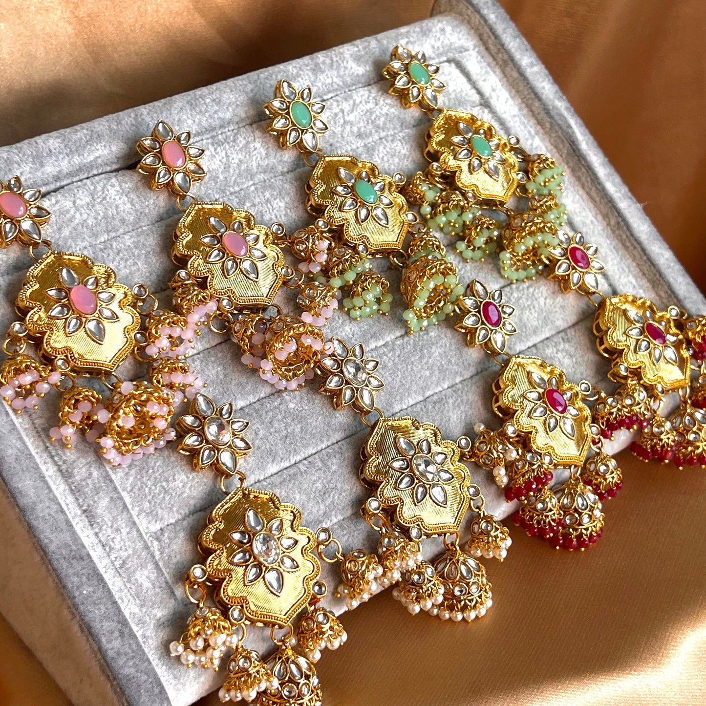 Medium Bright Gold Earring - Pink Indian Style Earring/ Pakistani Fashion/Party Earring. Gift for women