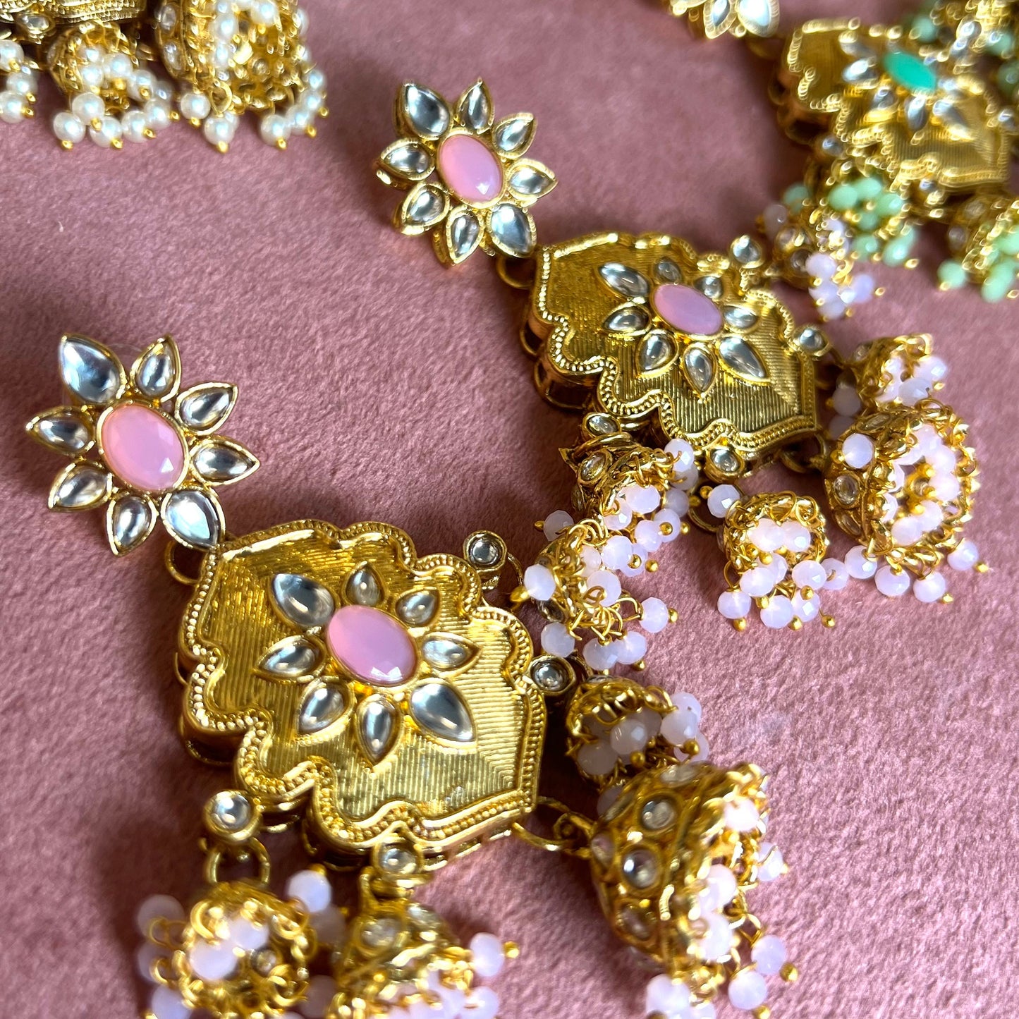 Medium Bright Gold Earring - Pink Indian Style Earring/ Pakistani Fashion/Party Earring. Gift for women