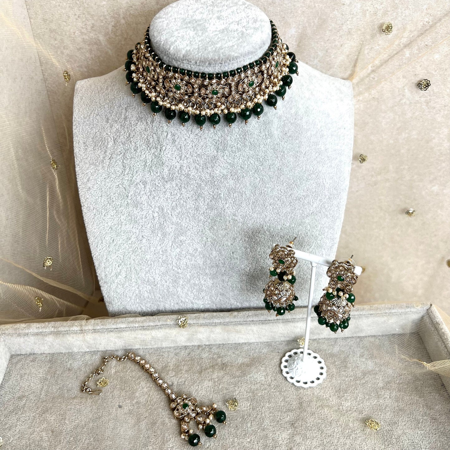 Green Choker Set Earring/ Tikka/ Tikli/ Indian/ Pakistani/Fashion Jewellery/ Gift for Women