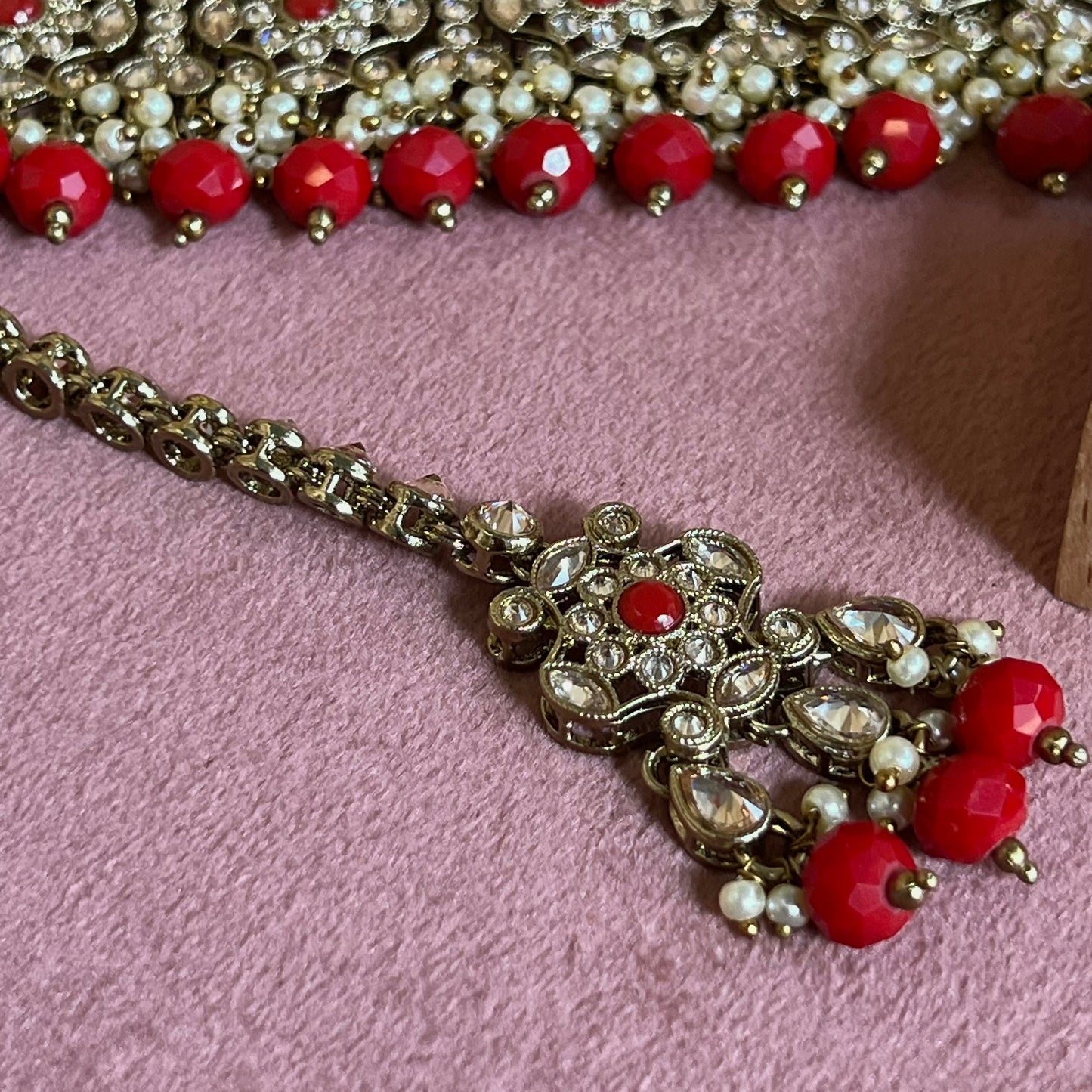 Crystal Choker Set - Red Earring/ Tikka/ Tikli/ Indian/ Pakistani/Fashion Jewellery/ Gift for Women