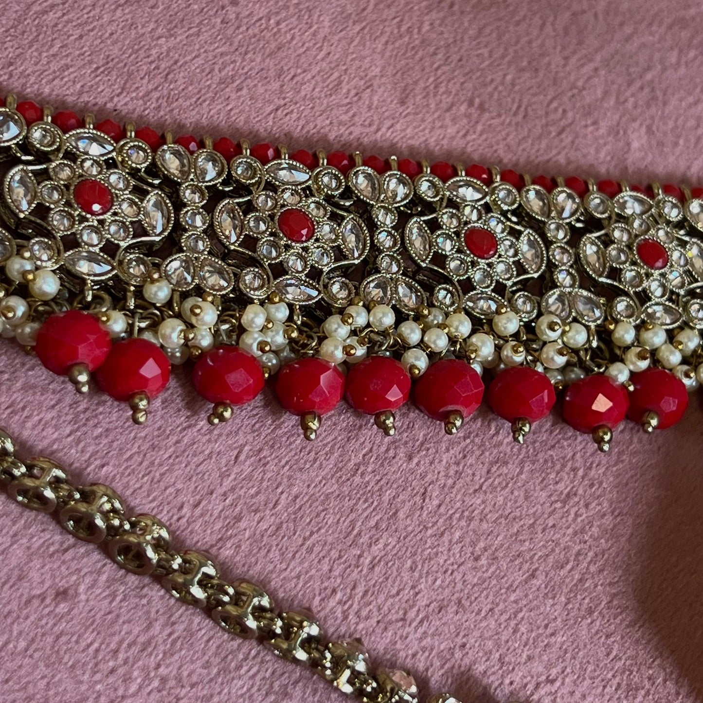 Crystal Choker Set - Red Earring/ Tikka/ Tikli/ Indian/ Pakistani/Fashion Jewellery/ Gift for Women