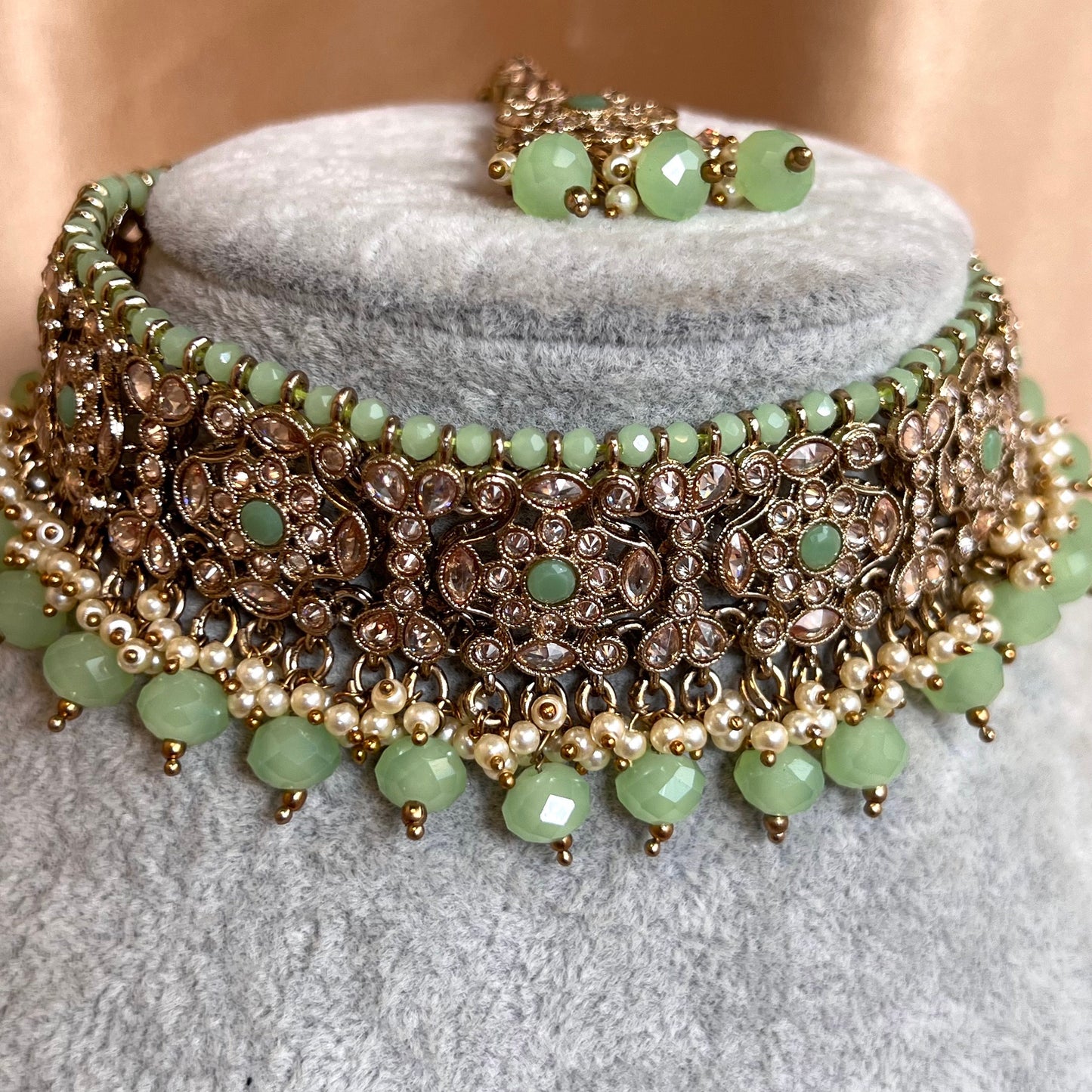 Crystal Choker Set - Mint Earring/ Tikka/ Tikli/ Indian/ Pakistani/Fashion Jewellery/ Gift for Women